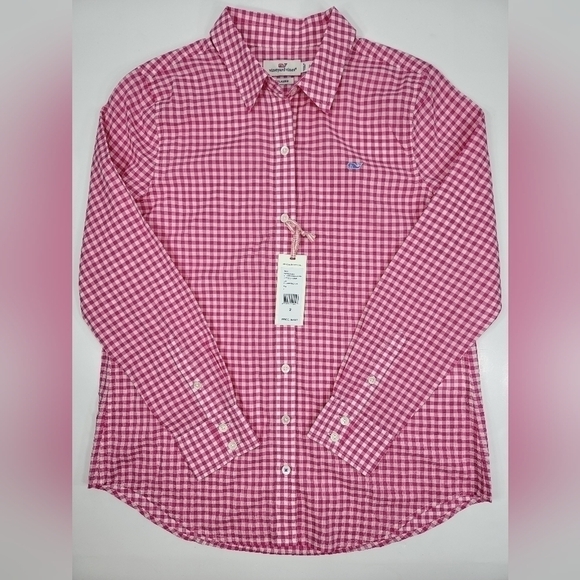NEW Vineyard Vines Women’s 2 Little Gingham White Pink Button Down Relaxed NWT - Picture 1 of 10